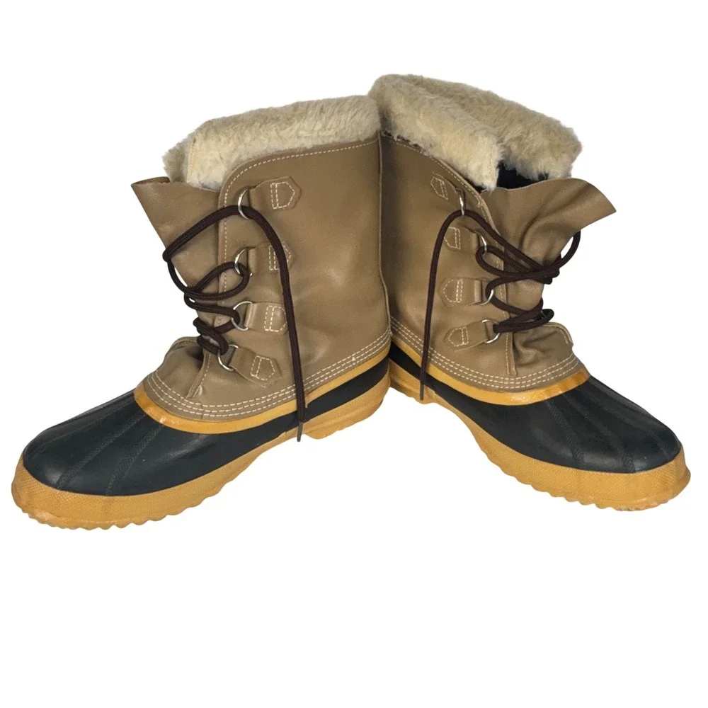 Sorel Snow Boots Tan Brown Leather Heavy Duty Rubber Faux Fur Winter Mens 9